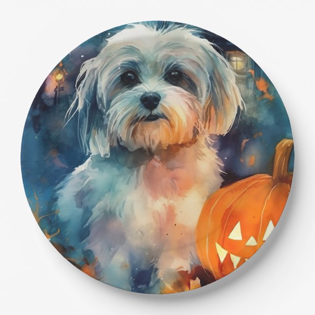 Prato De Papel Halloween Havanese Com Pumpkins Assustado (Frente)