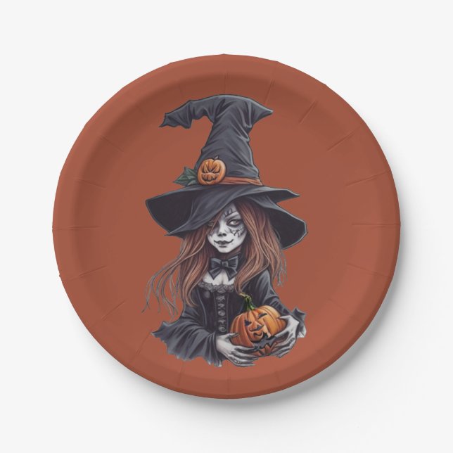 Prato De Papel Halloween-Hexe mit Kürbis -  (Frente)