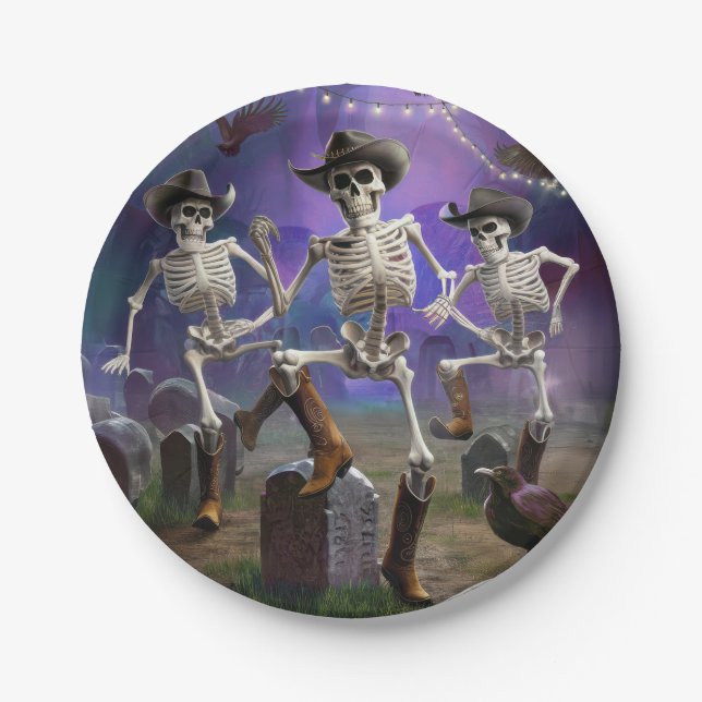 Prato De Papel Halloween Hoedown, Line Dancing Skeletons (Frente)