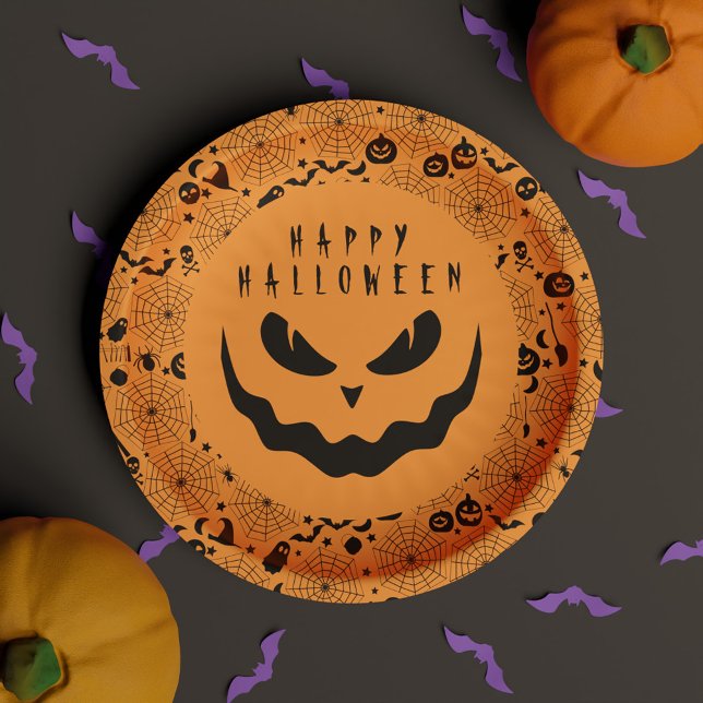 Prato De Papel Halloween Jack O Lanterna Pumpkin Cara Assustadora (Halloween Jack O Lantern Pumpkin Creepy Face Paper Plates)