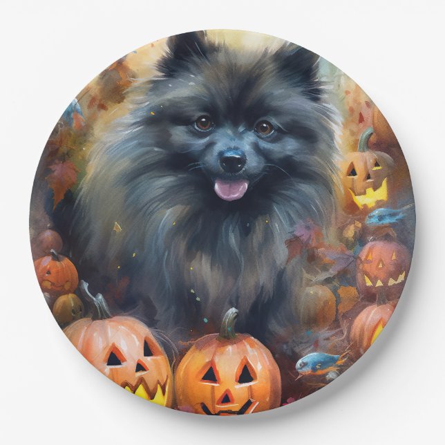 Prato De Papel Halloween Keeshond Com Pumpkins Assustado (Frente)