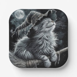Prato De Papel Halloween Kitty On Brromstick