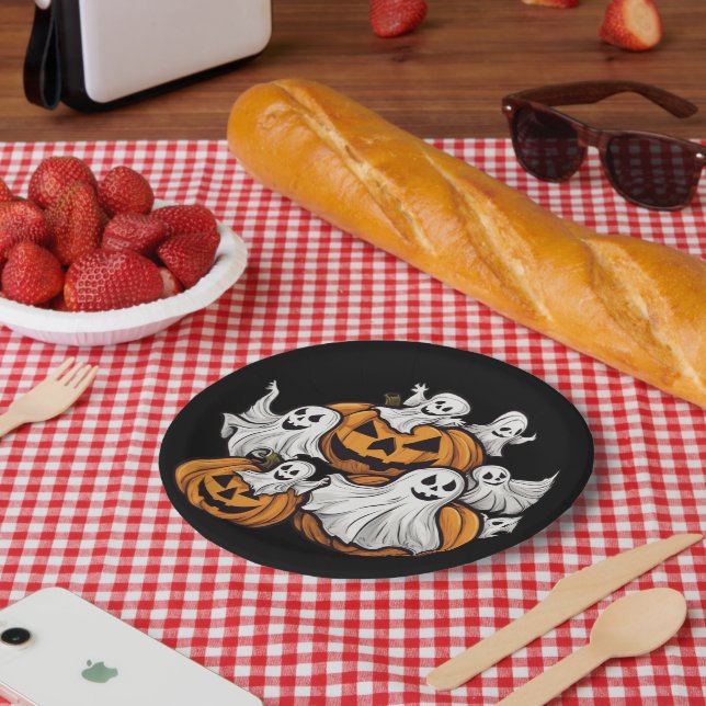 Prato De Papel Halloween: Kleine Geister mit Kürbissen -  (Piquenique)