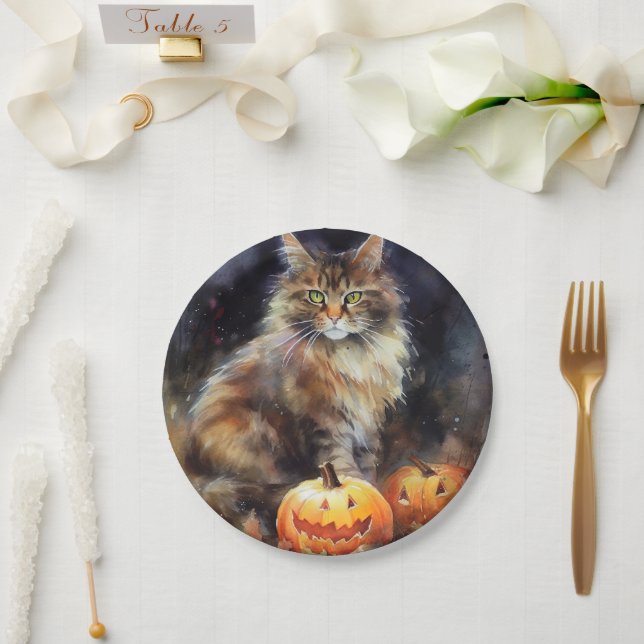 Prato De Papel Halloween Maine Coon Cat Com Pumpkins Assustado (Casamento)