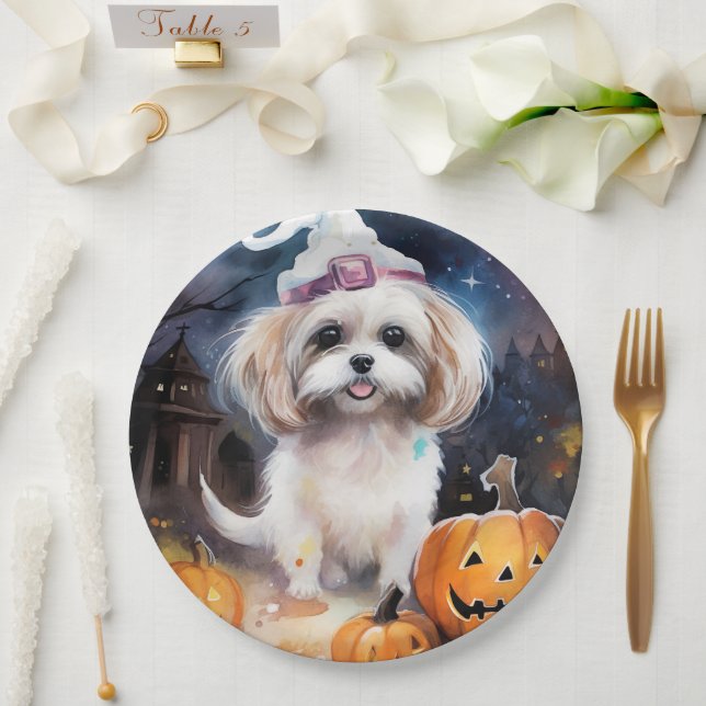 Prato De Papel Halloween Malti Tzu Com Pumpkins Assustado (Casamento)