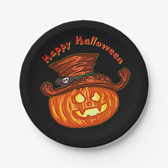Prato De Papel Halloween Neon Glow Look Pumpkin Party 7" (Frente)