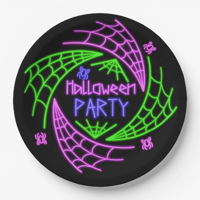 Prato De Papel Halloween Neon Glow Look Spider Web Party 9" (Frente)