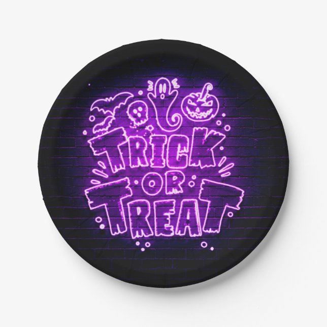 Prato De Papel Halloween Neon Glow Olha Purple Trick Trek Party (Frente)