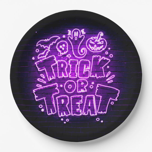 Prato De Papel Halloween Neon Glow Olha Purple Trick Trek Party (Frente)