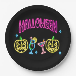 Prato De Papel Halloween Neon Look Pumpkin Cocktail Party 9"