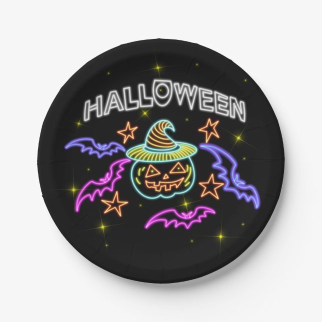 Prato De Papel Halloween Neon Look Pumpkin Hat Bats Party 7" (Frente)