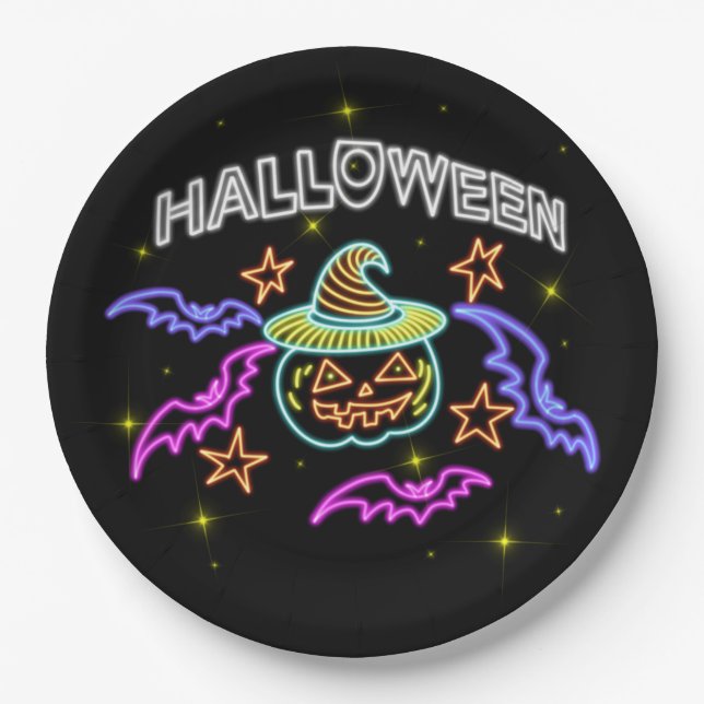 Prato De Papel Halloween Neon Look Pumpkin Hat Bats Party 9" (Frente)