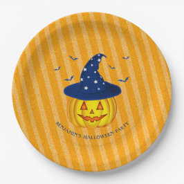 Prato De Papel Halloween Orange Sparkly Stripes Pumpkin