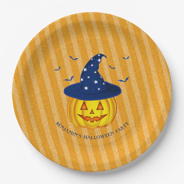 Prato De Papel Halloween Orange Sparkly Stripes Pumpkin (Frente)