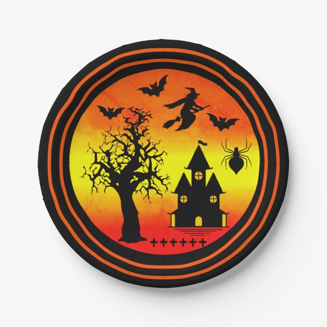Prato De Papel Halloween Orange Sunset Witch Haunk House Party (Frente)