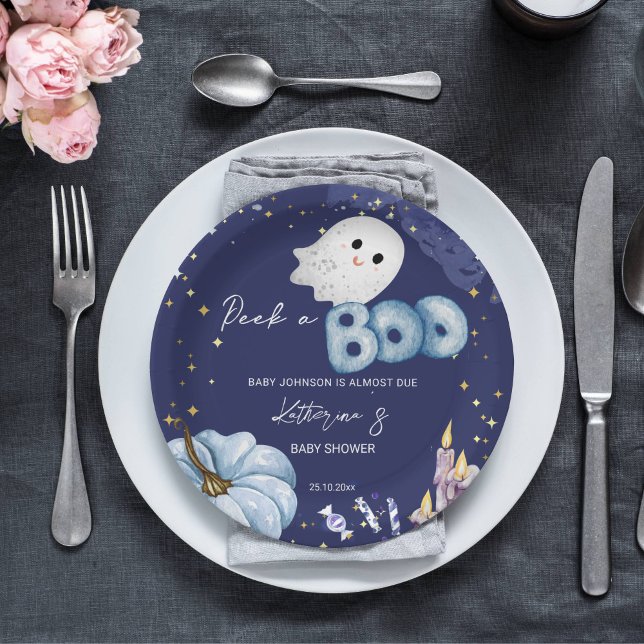 Prato De Papel Halloween Peek um tabuleiro de dois chás de fralda (Halloween peek-a-boo baby shower tableware personalized plates starry night cute baby ghost pumpkin)