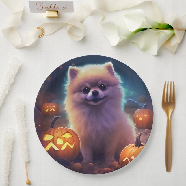 Prato De Papel Halloween Pomeranian Com Pumpkins Assustado (Casamento)