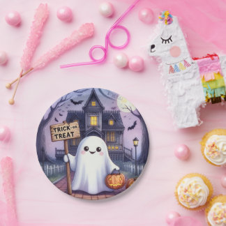 Prato De Papel Halloween Pumpkin and Ghost 
