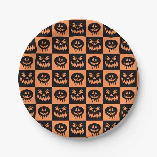 Prato De Papel Halloween Pumpkin Face Ghost Spooky Patterno (Frente)