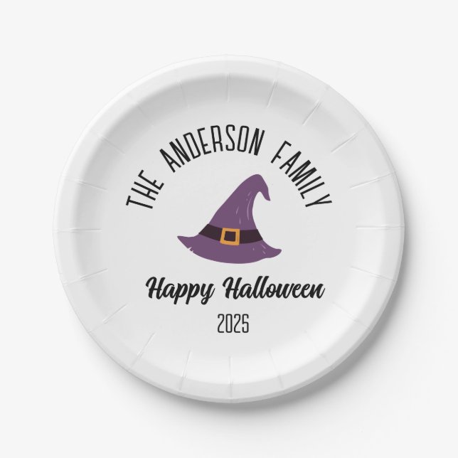Prato De Papel Halloween Purple Witch Hat Nome Personalizado (Frente)