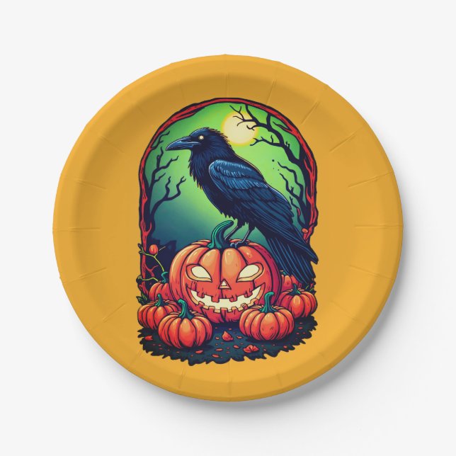 Prato De Papel Halloween Raven em um Pumpkin Patch (Frente)