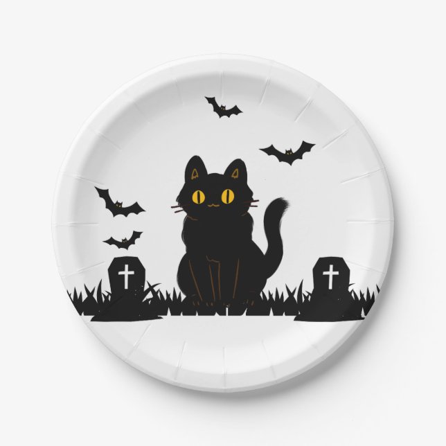 Prato De Papel Halloween Schwarze Katze Pappteller (Frente)