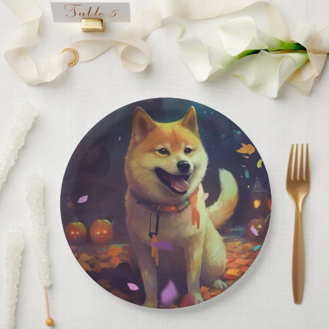 Prato De Papel Halloween Shiba Inu Com Pumpkins Assustado (Casamento)