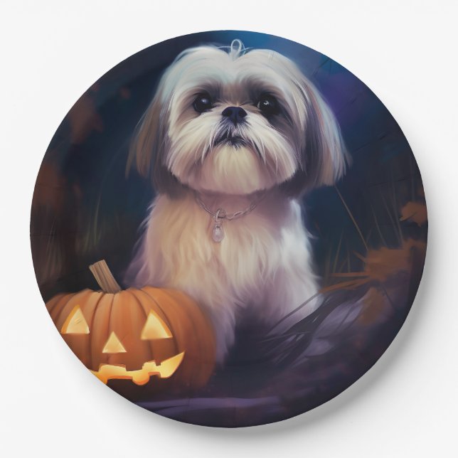 Prato De Papel Halloween Shih Tzu Com Pumpkins Assustado (Frente)