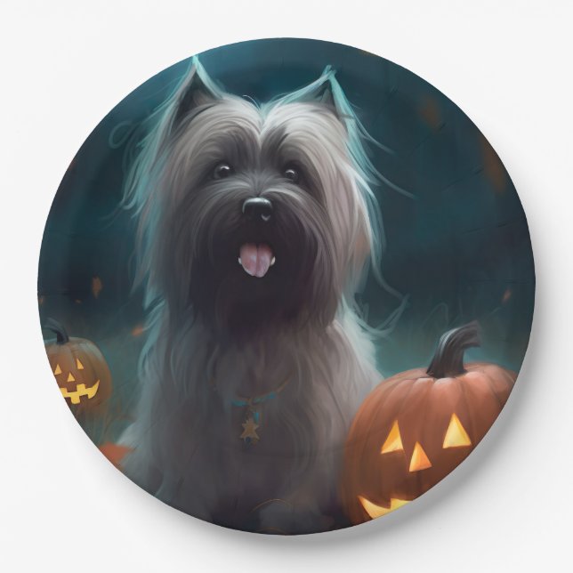 Prato De Papel Halloween Skye Terrier Com Pumpkins Assustado (Frente)