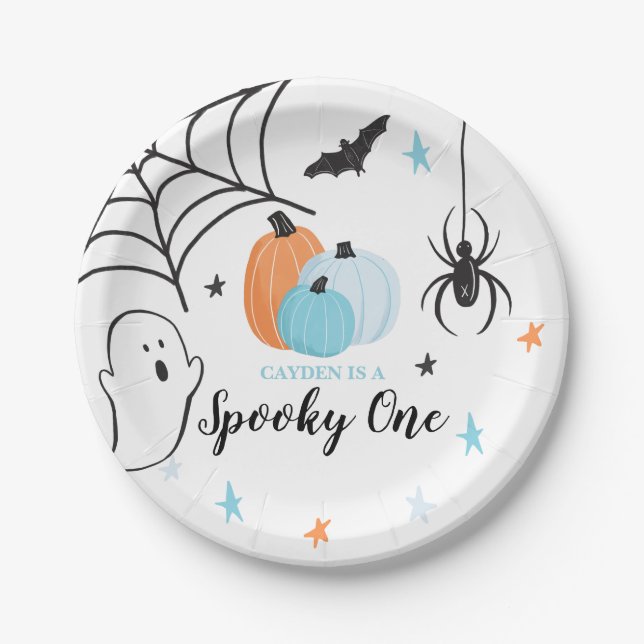 Prato De Papel Halloween Spooky One Birthday Blue Pumpkins (Frente)