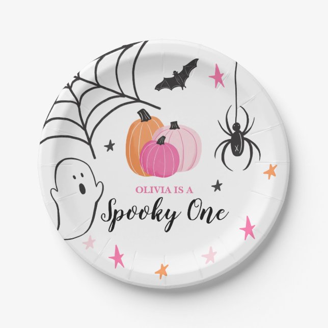 Prato De Papel Halloween Spooky One Birthday rosa Pumpkins (Frente)