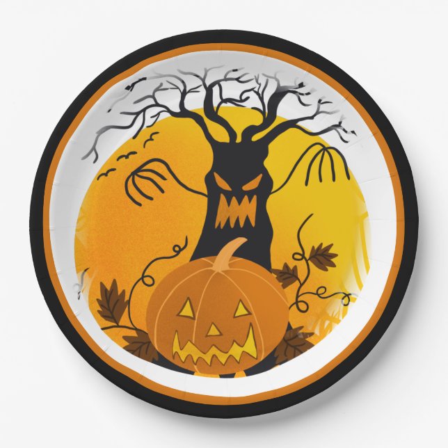 Prato De Papel Halloween Spooky Tree Jack o'Lantern (Frente)