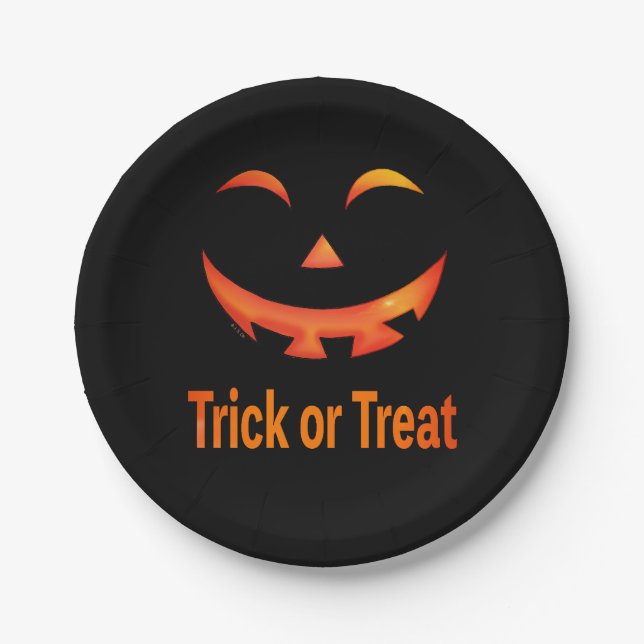 Prato De Papel Halloween Trick or Treat Pumpkin Face (Frente)