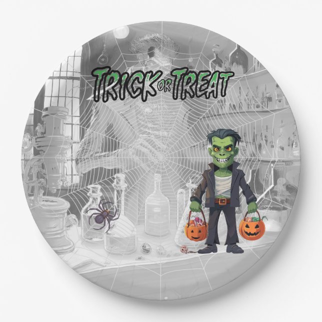 Prato De Papel Halloween Trick Treat Frankenstein (Frente)