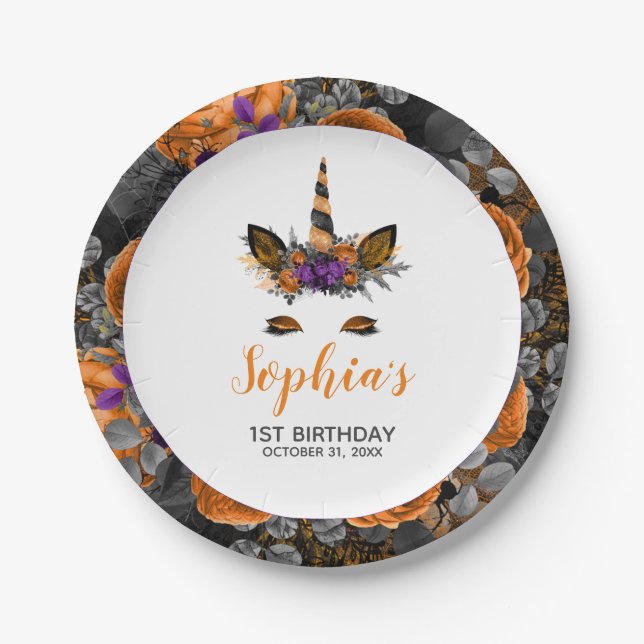 Prato De Papel Halloween Unicorn Orange Black Festa de aniversári (Frente)