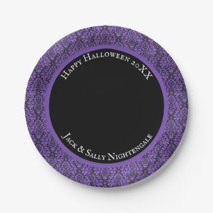 Prato De Papel Halloween Vitoriano Brocado Damasco Roxo e Preto