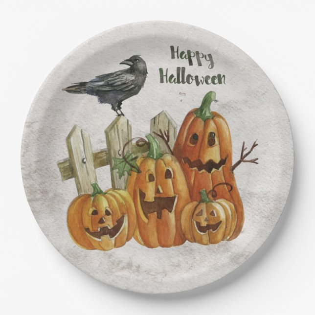 Prato De Papel Halloween Watercolor Happy Pumpkins (Frente)