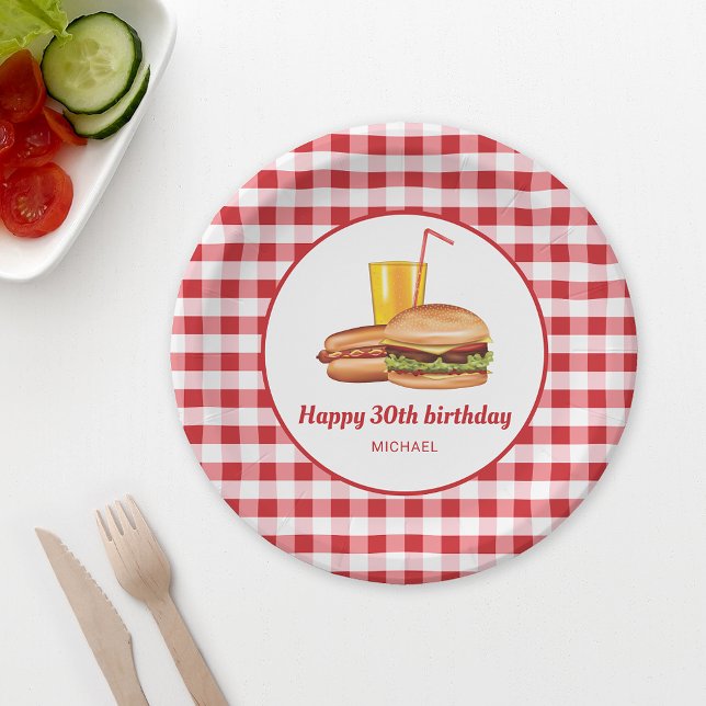 Prato De Papel Hamburger Hot Dog E Beba Aniversário De Gingham Ve (Ideal for birthday parties, backyard barbecues, family reunions or picnics, for example.)