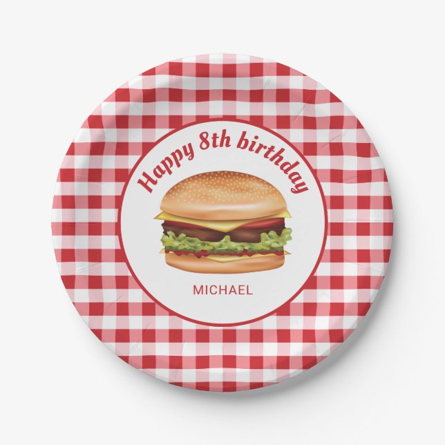 Prato De Papel Hamburger no padrão xadrez vermelho Feliz Aniversá (Frente)