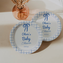 Prato De Papel Hand Drawn Blue Gingham Bow Baby Shower