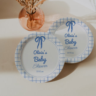 Prato De Papel Hand Drawn Blue Gingham Bow Baby Shower