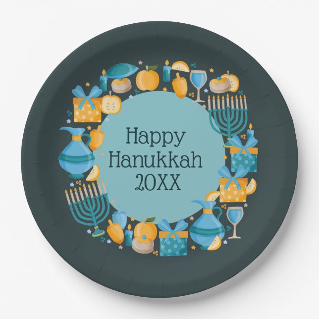 Prato De Papel Hanukkah Wreath Blue (Frente)