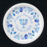Prato De Papel Hanukkiah Happy Hanukkah Holiday Menorah<br><div class="desc">Símbolo Hanukkiah. Feliz Festa de Hanukkah Feriado Judeu Menorah Azul. Decoração de Feriado Judeu Chanukkah com o símbolo decorativo tradicional de Chanuka - Marinho Blue color hanukkiah menorah, candelabro com velas, estrela de David e ilustração azul neon brilhante. Festa de Chanucá das Luzes Decoração do Evento. Jerusalém, Israel. Artesanatos e...</div>