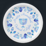 Prato De Papel Hanukkiah Happy Hanukkah Holiday Menorah<br><div class="desc">Símbolo Hanukkiah. Feliz Festa de Hanukkah Feriado Judeu Menorah Azul. Decoração de Feriado Judeu Chanukkah com o símbolo decorativo tradicional de Chanuka - Marinho Blue color hanukkiah menorah, candelabro com velas, estrela de David e ilustração azul neon brilhante. Festa de Chanucá das Luzes Decoração do Evento. Jerusalém, Israel. Artesanatos e...</div>
