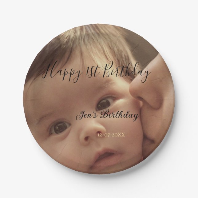 Prato De Papel Happy 1st birthday name photo date stylish calligr (Frente)