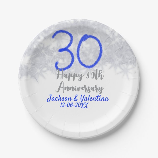 Prato De Papel Happy 30th wedding anniversary silver blue glitter (Frente)