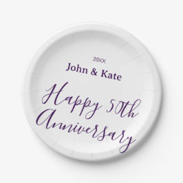 Prato De Papel Happy 50th anniversary purple name year simple