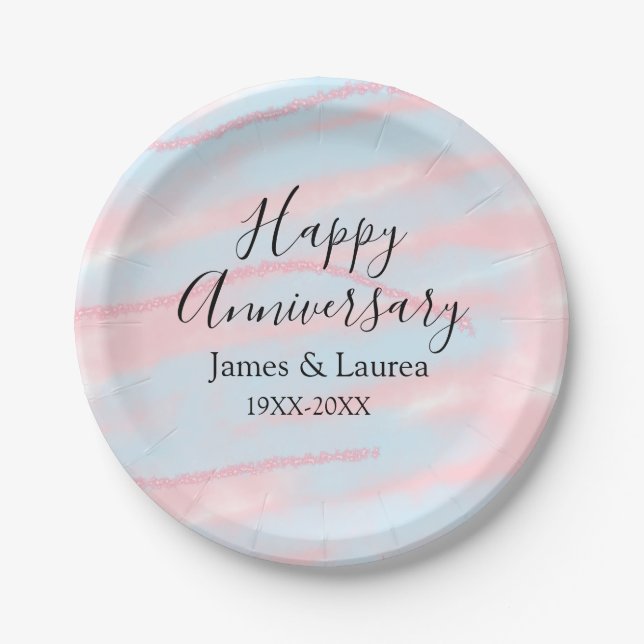 Prato De Papel Happy anniversary wedding name date year pastel  (Frente)