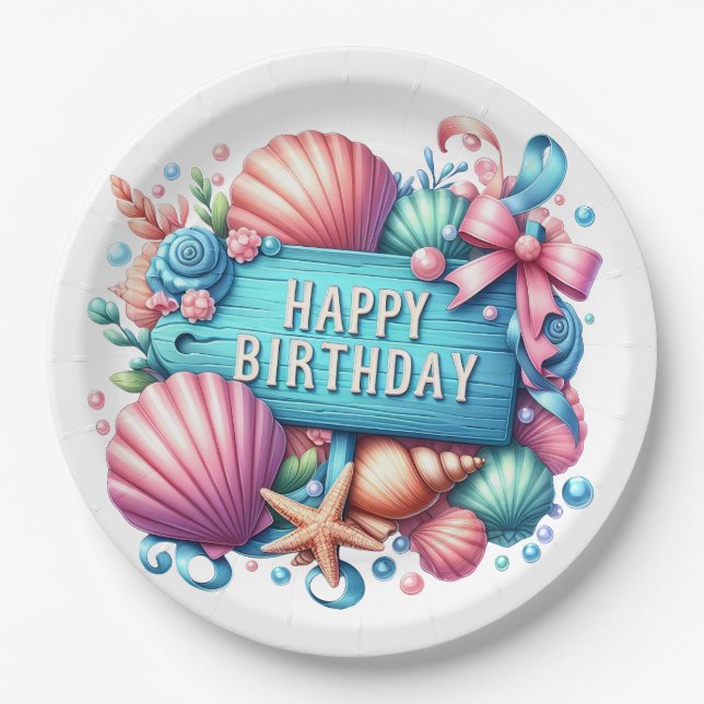 Prato De Papel Happy Birthday Beach Tropical Theme (Frente)
