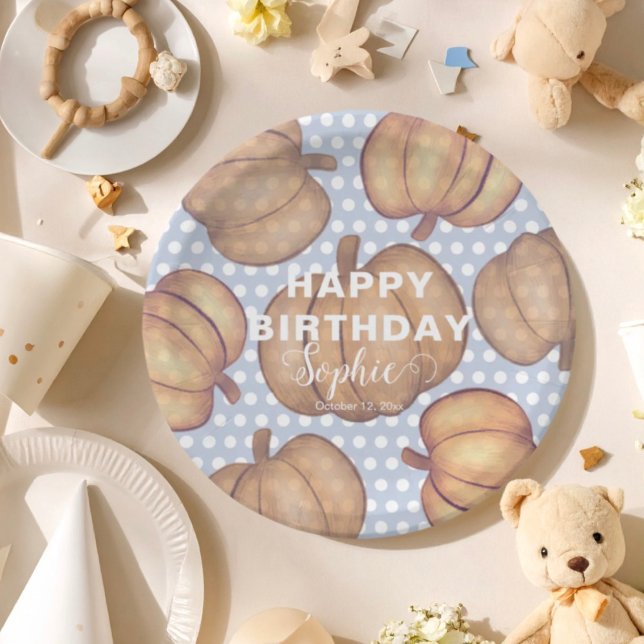Prato De Papel Happy Birthday Blue & Orange Pumpkin Party  (Criador carregado)